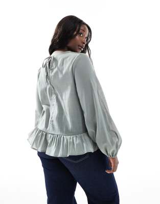 Asos Curve Asos Design Curve Long Sleeve Peplum Hem Top In Green