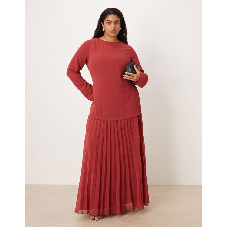 asos red pleated dress ASOS Curve - Long Sleeve Pleated Skirt Maxi Dress - Women - Polyester - 18 US