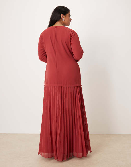 ASOS DESIGN Curve long sleeve pleated skirt maxi dress in deep red, 4 of 4