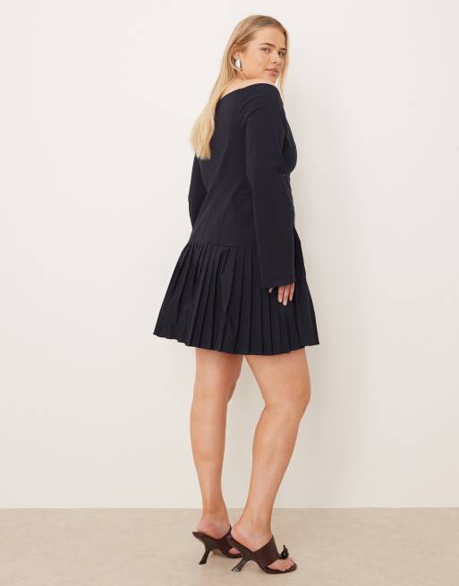 ASOS DESIGN Curve long sleeve pleated skirt mini dress in navy