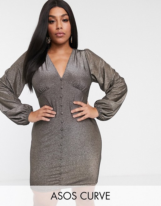 ASOS DESIGN Curve long sleeve plunge mini dress with buttons in glitter