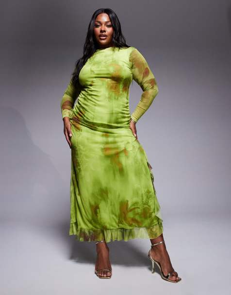 ASOS DESIGN Curve long sleeve printed mesh ruffle maxi dress in green print - view 1