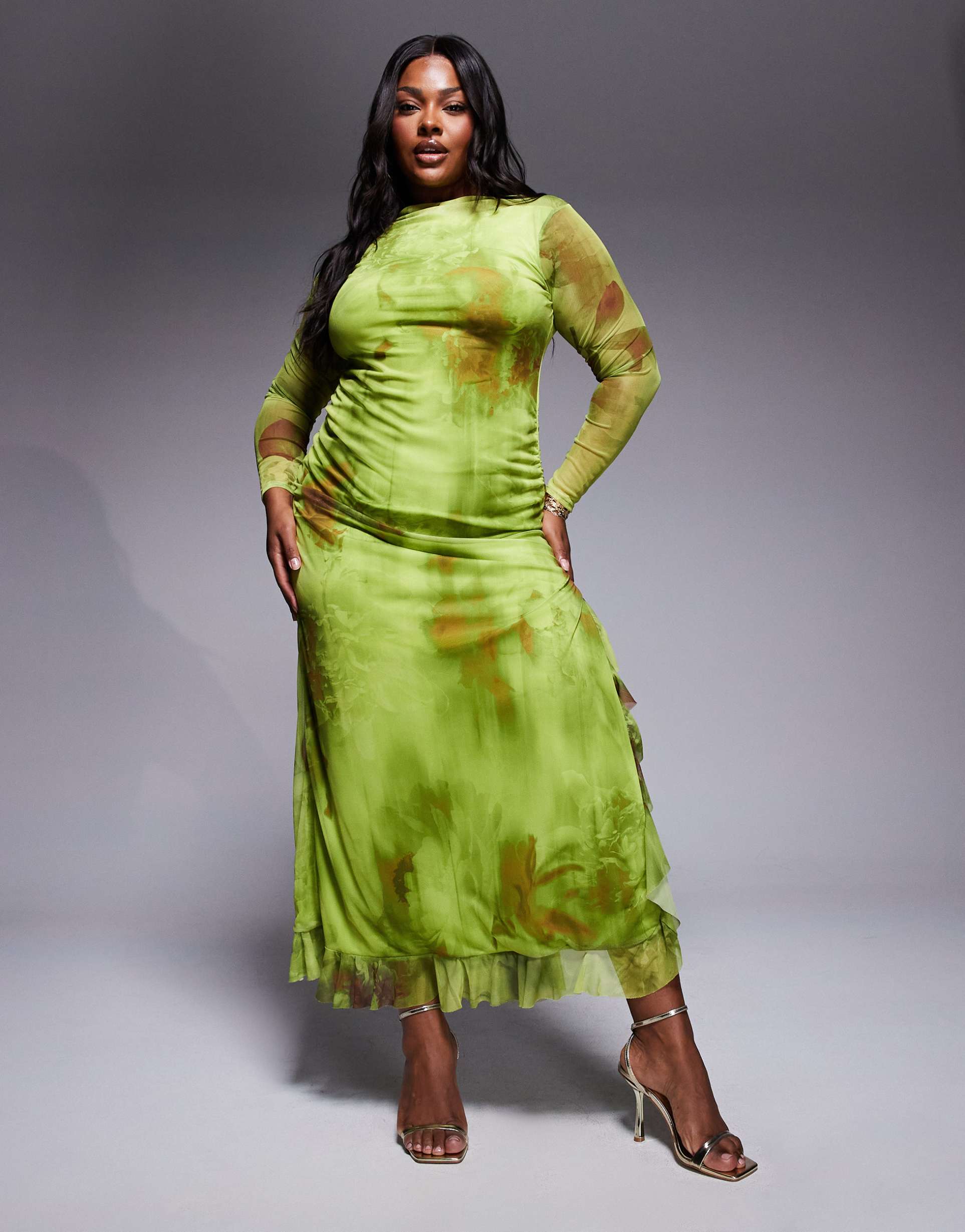 asos design curve long sleeve printed mesh ruffle maxi dress in green print