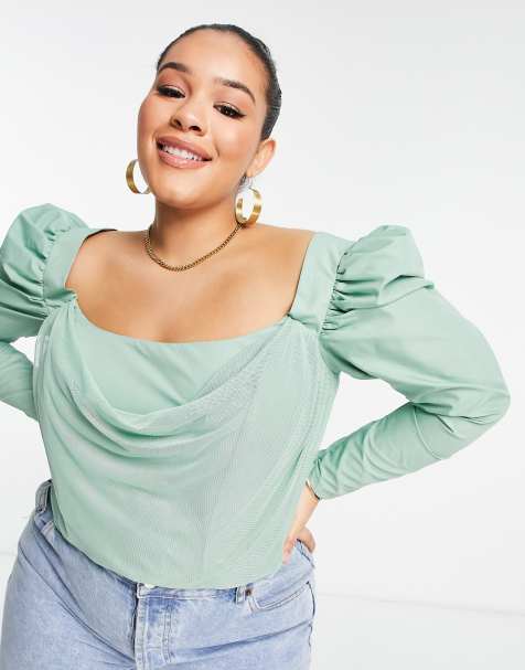 ASOS DESIGN Curve long sleeve puff shoulder top with corset bodice in sage - view 1