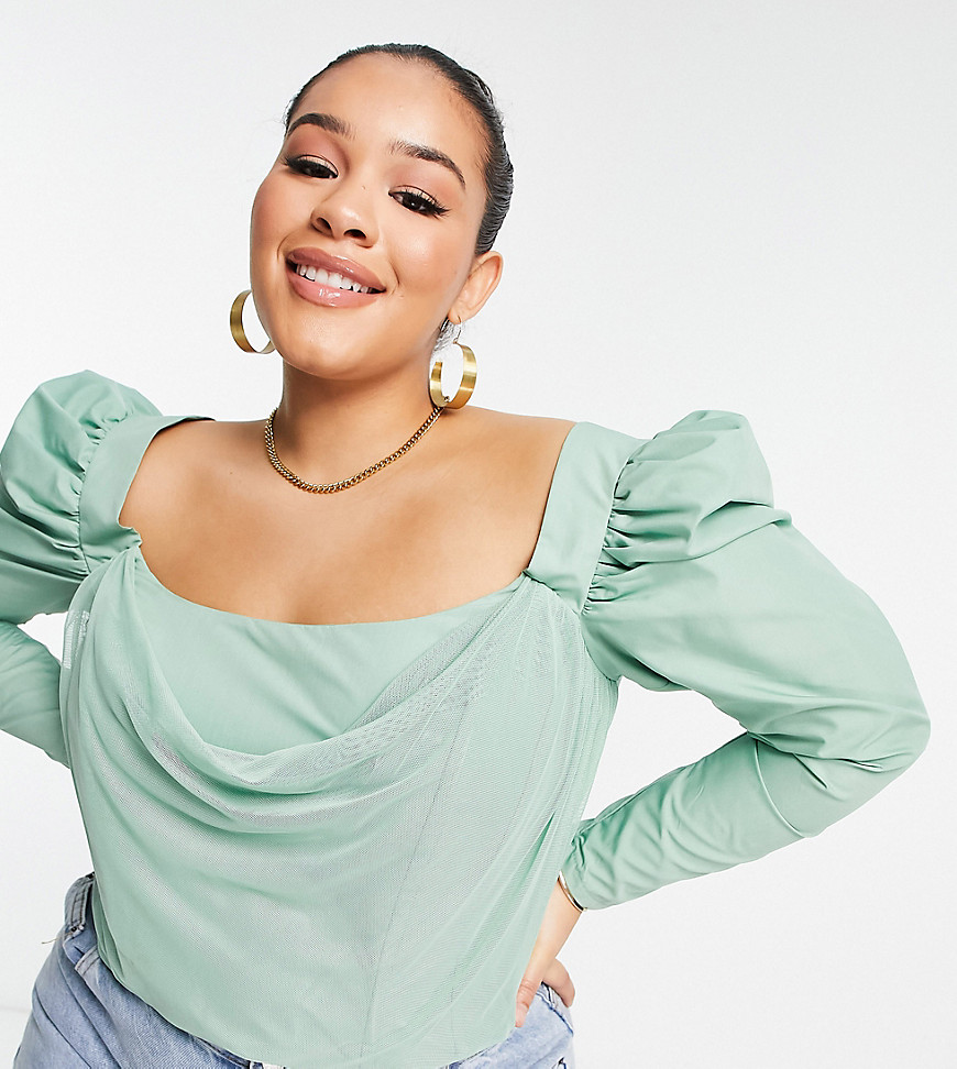 ASOS DESIGN Curve long sleeve puff shoulder top with corset bodice in sage-Green