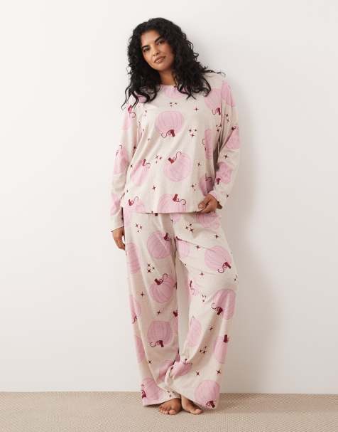 ASOS DESIGN Curve long sleeve pyjama set in pumpkin print - view 1