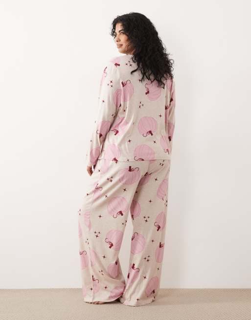 ASOS DESIGN Curve long sleeve pyjama set in pumpkin print, 2 of 4