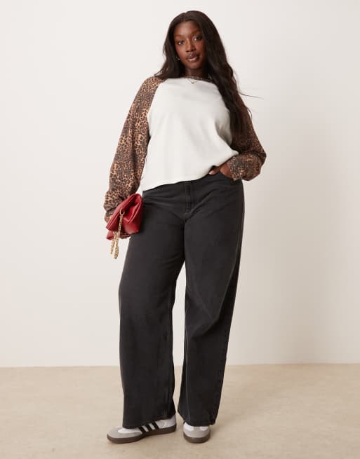 ASOS DESIGN curve long sleeve raglan waffle knit t-shirt in leopard print