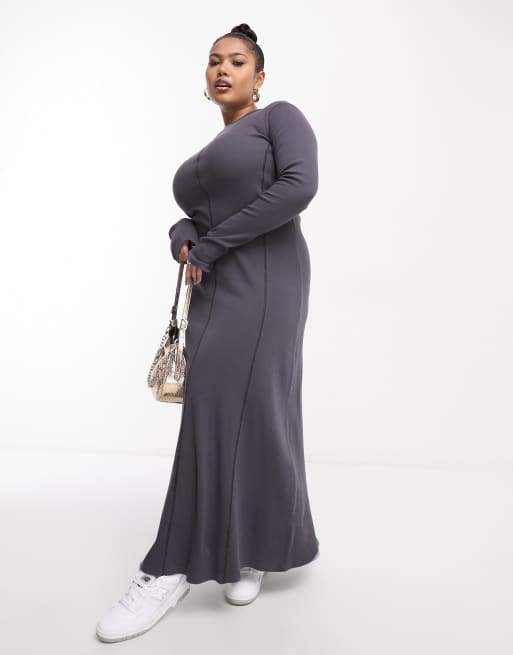 ASOS DESIGN Curve long sleeve rib midi dress with contrast stitch detail in dark gray ASOS