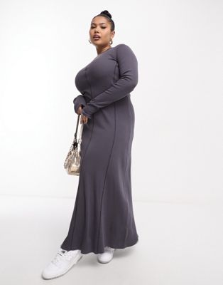 ASOS DESIGN Curve long sleeve rib midi dress with contrast stitch detail in dark grey