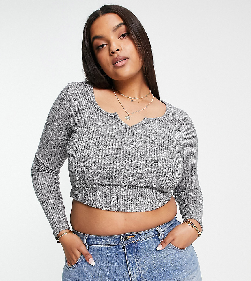 ASOS DESIGN Curve long sleeve ribbed top with notch neck in gray heather