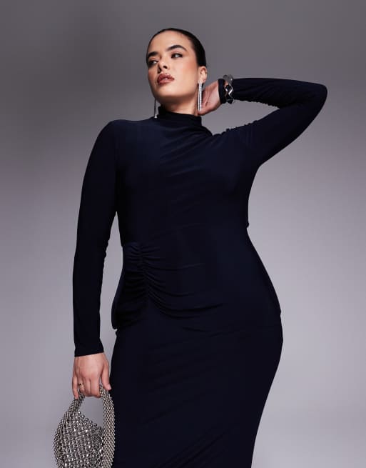 ASOS DESIGN Curve long sleeve ruched detail midaxi dress with twist open back in navy