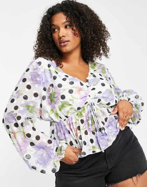 POLKA DOT PLEATED SEMI-SHEER BLOUSE - Black / White