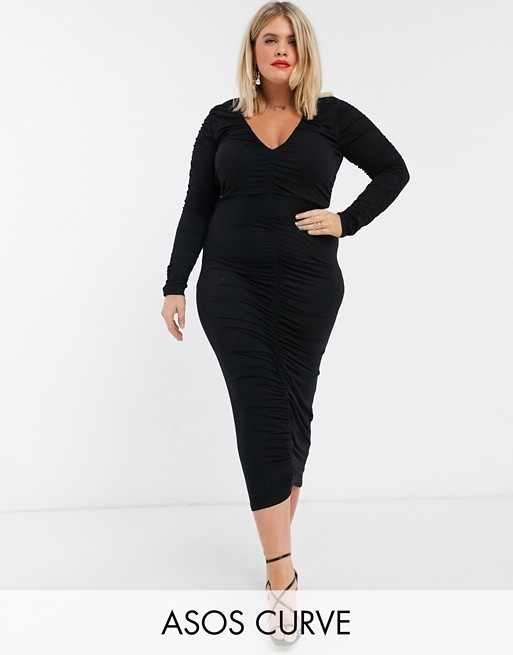 ASOS DESIGN Curve long sleeve ruched midi dress in black