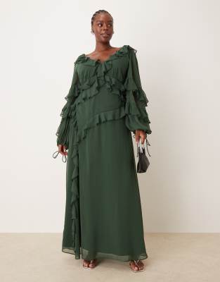 ASOS DESIGN Curve long sleeve ruffle asymmetric maxi dress in forest green