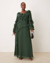 ASOS DESIGN Curve – Langärmliges Maxikleid in Tannengrün mit asymmetrischem Rüschenbesatz