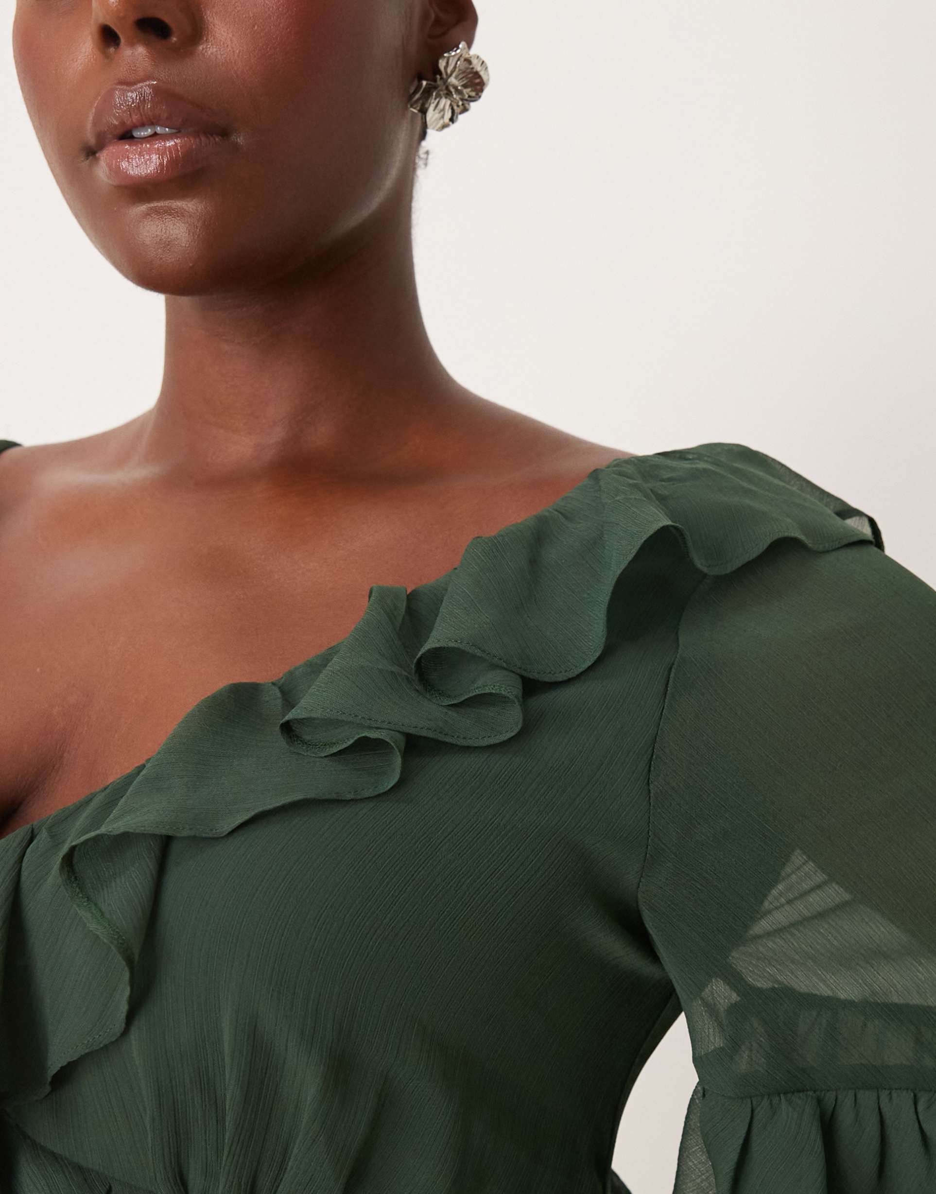 asos design curve long sleeve ruffle asymmetric maxi dress in forest green