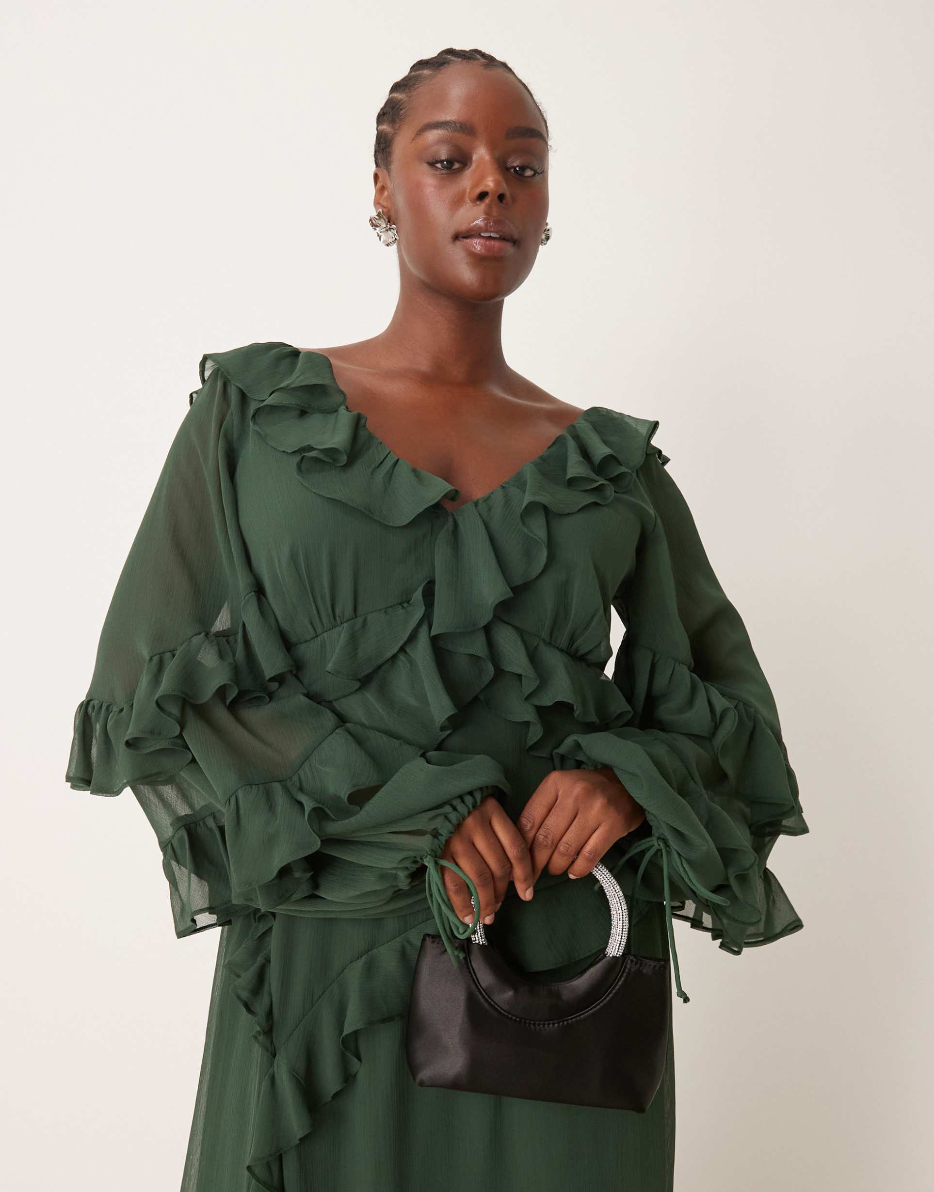 asos design curve long sleeve ruffle asymmetric maxi dress in forest green