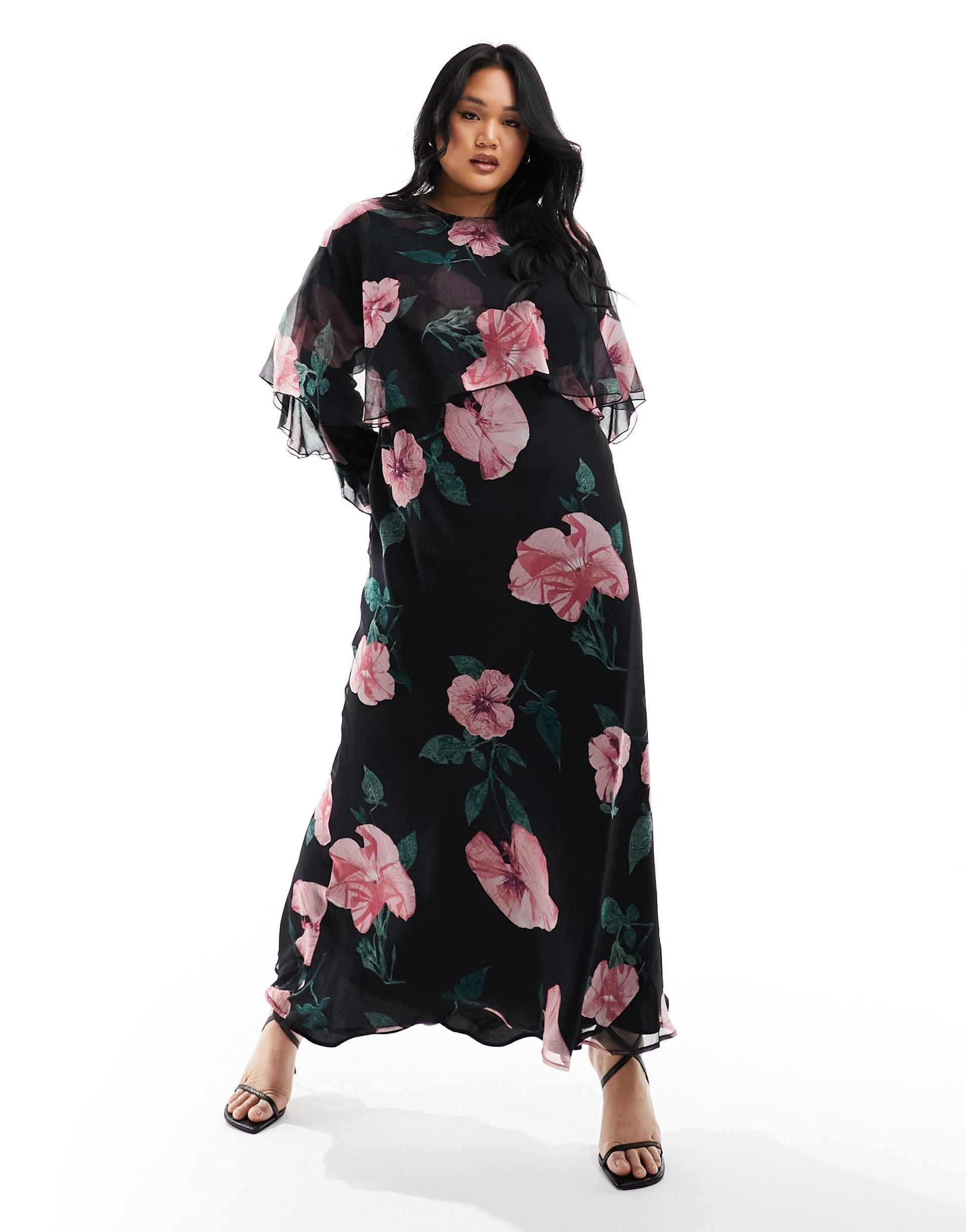 asos design curve long sleeve ruffle bias maxi dress with cape detail in black floral print