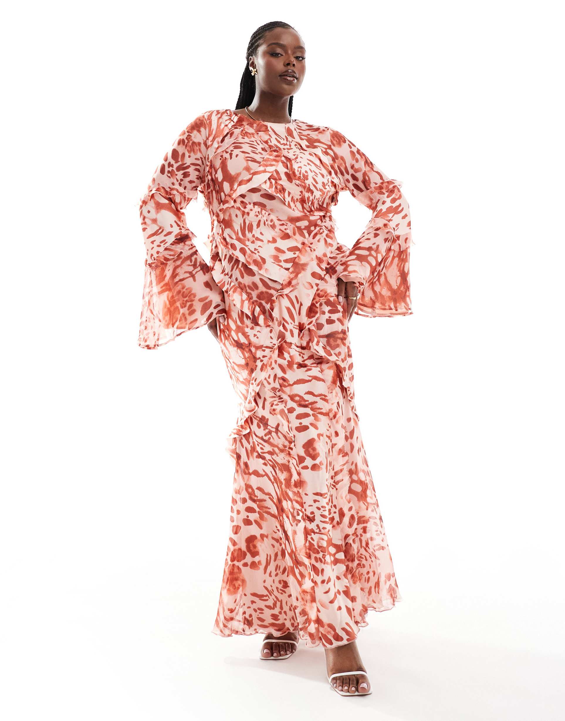 asos design curve long sleeve ruffle maxi in satin and chiffon mix in red animal print