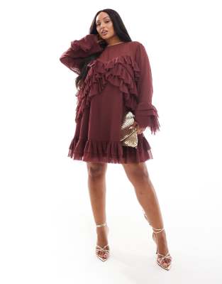 asos design curve long sleeve ruffle tiered mini dress in burgundy