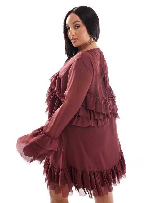 ASOS DESIGN Curve long sleeve ruffle tiered mini dress in burgundy