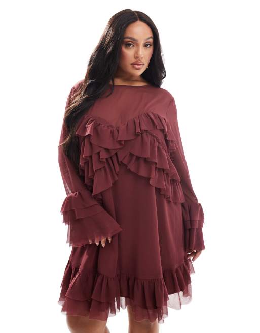 ASOS DESIGN Curve long sleeve ruffle tiered mini dress in burgundy