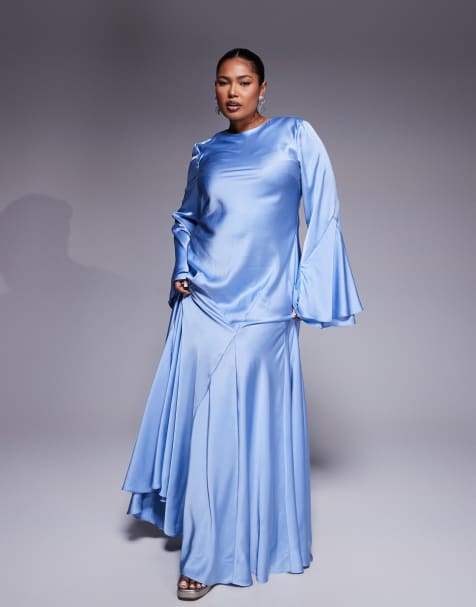 ASOS DESIGN Curve long sleeve satin maxi dress with full skirt and godet in soft blue - view 1