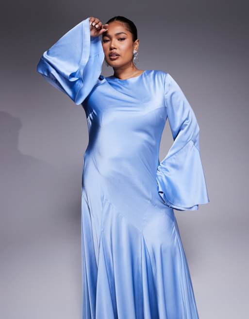 ASOS DESIGN Curve long sleeve satin maxi dress with full skirt and godet in soft blue