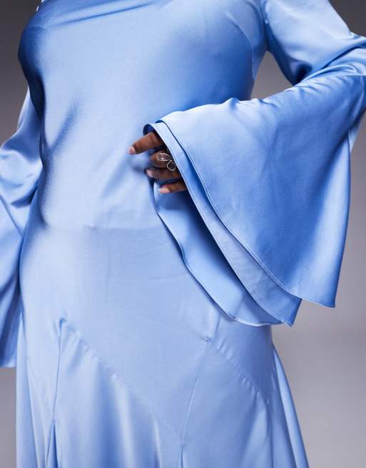 ASOS DESIGN Curve long sleeve satin maxi dress with full skirt and godet in soft blue