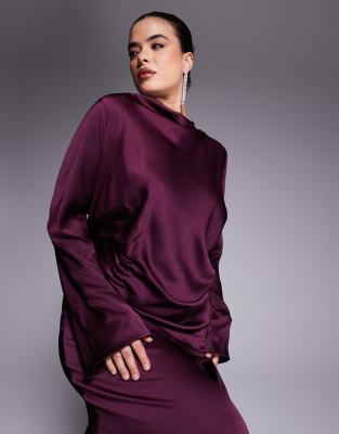 Asos Curve Asos Design Curve Long Sleeve Satin Maxi Dress With Ruched Tab Detail