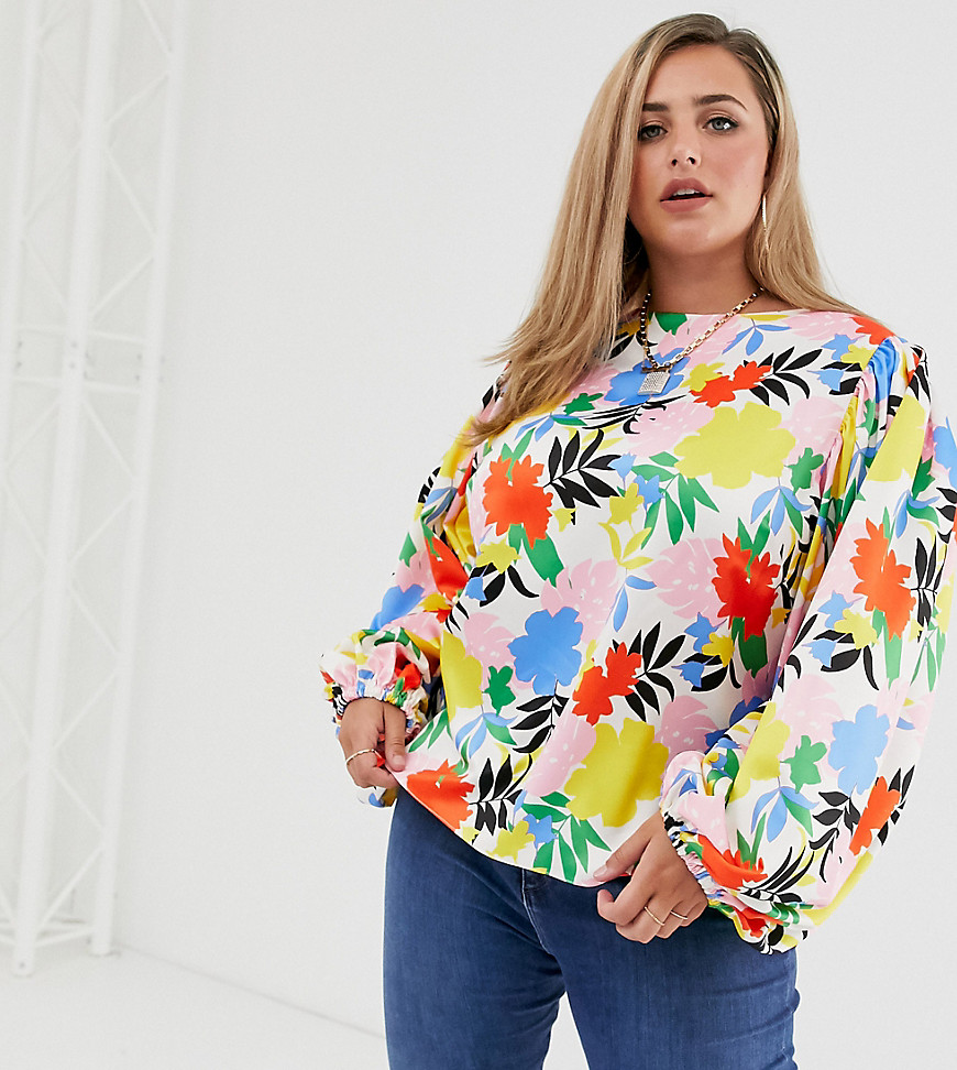 ASOS DESIGN Curve long sleeve satin top with cowl back and volume sleeve detail in floral print-No Colour