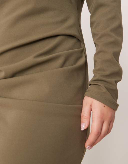 ASOS DESIGN Curve long sleeve scoop neck midi dress in khaki, 3 of 4