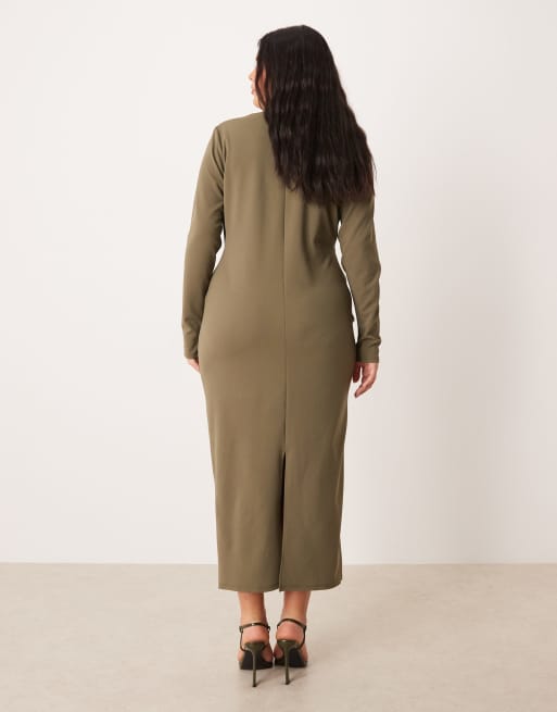 ASOS DESIGN Curve long sleeve scoop neck midi dress in khaki, 4 of 4