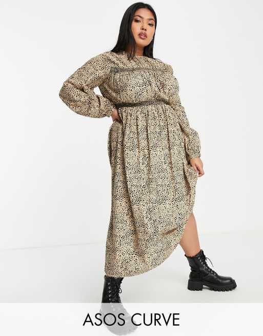 ASOS DESIGN Curve long sleeve shirred midi dress in animal print