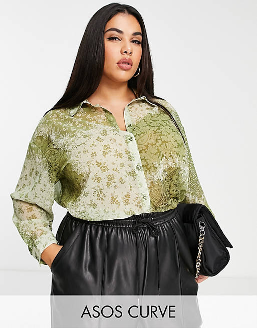 Tops Shirts & Blouses/Curve long sleeve shirt in green mixed paisley floral print 