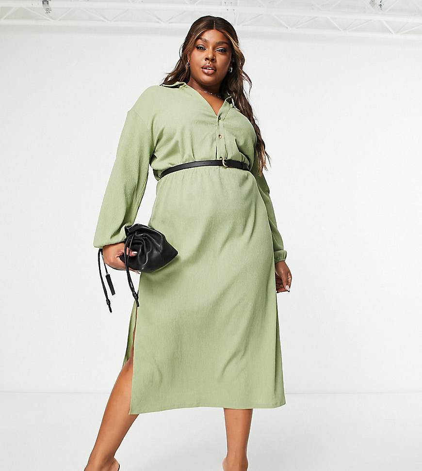 ASOS DESIGN Curve long sleeve shirt midi dress with belt in khaki-Green