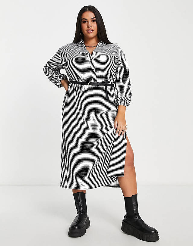 ASOS Curve - ASOS DESIGN Curve long sleeve shirt midi dress with belt in mono check
