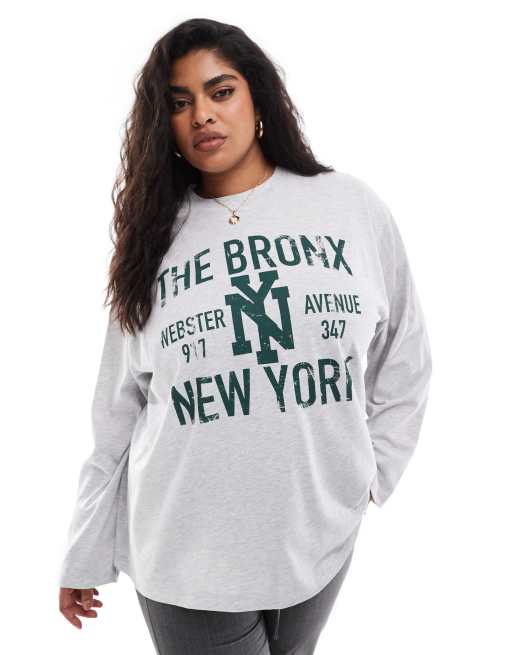 ASOS DESIGN Curve long sleeve skater t shirt with bronx graphic in ice marl ASOS