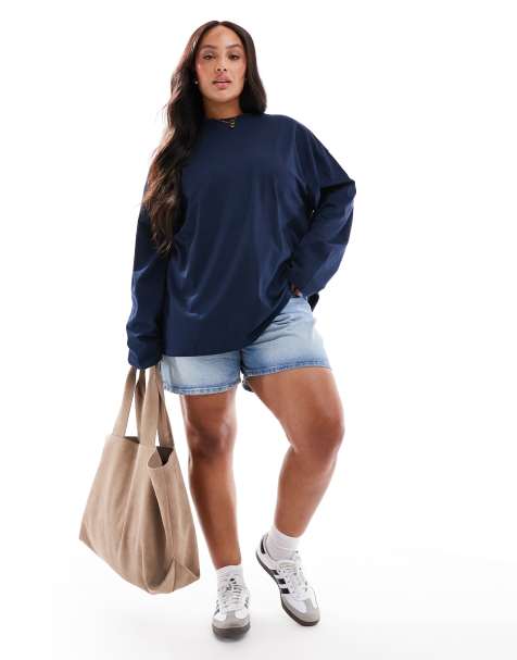 ASOS DESIGN Curve long sleeve skater tee in navy - view 1