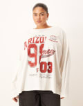 [ASOS Curve] ASOS DESIGN Curve long sleeve skater tee with arizona varsity graphic in cream-White XL CREAM