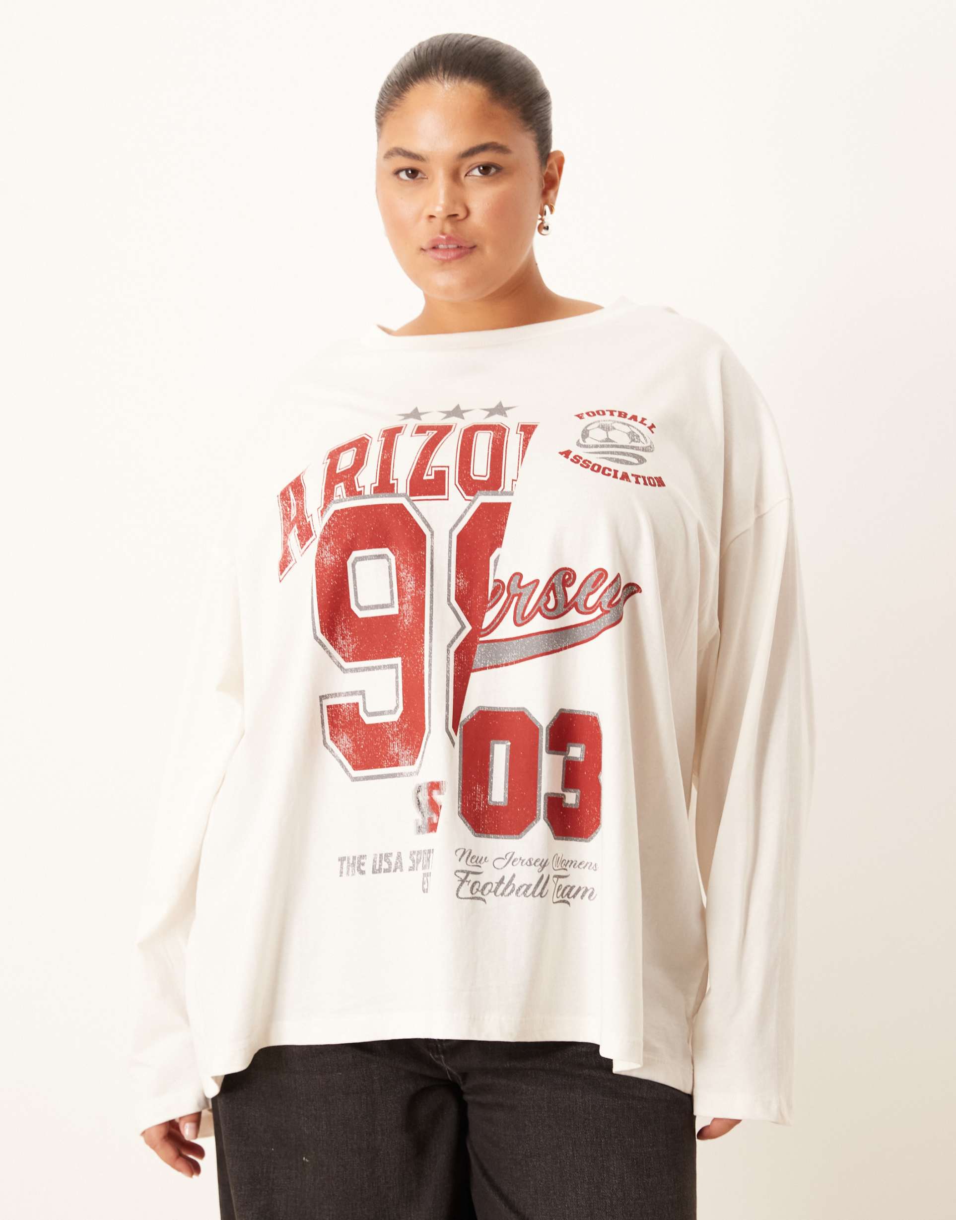 asos design curve long sleeve skater tee with arizona varsity graphic in cream