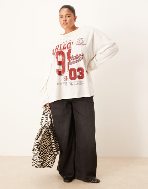 ASOS DESIGN Curve long sleeve skater tee with arizona varsity graphic in cream, 2 of 4