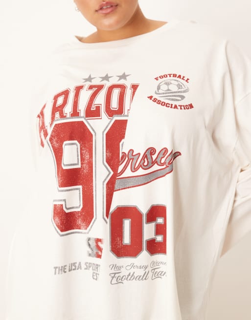 ASOS DESIGN Curve long sleeve skater tee with arizona varsity graphic in cream, 3 of 4