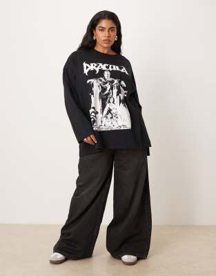 Asos Curve Asos Design Curve Long Sleeve Skater Tee With Dracula Licensed Graphic In Black