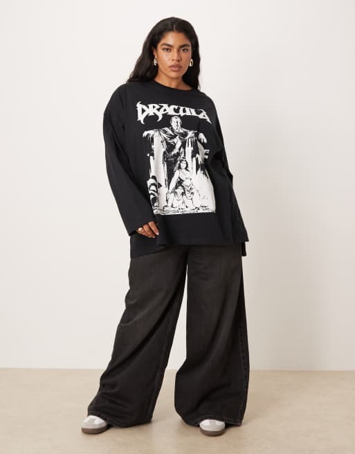 ASOS DESIGN Curve long sleeve skater tee with Halloween Dracula licence graphic in black - BLACK, 2 of 4