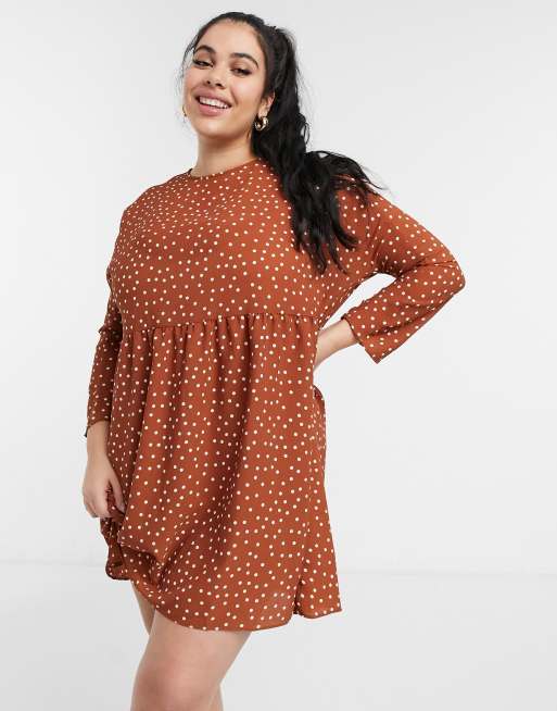 ASOS DESIGN Curve long sleeve smock mini dress in rust dot