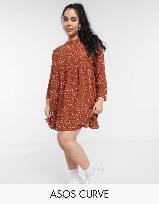 ASOS DESIGN Curve long sleeve smock mini dress in rust spot