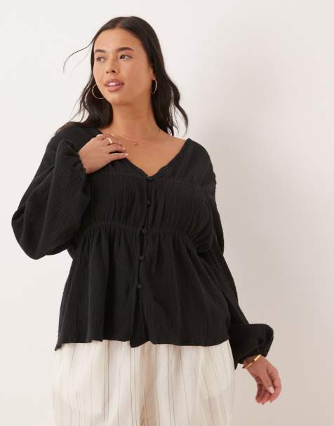 ASOS DESIGN Curve long sleeve smock top with button front in black - view 1