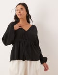 [ASOS Curve] ASOS DESIGN Curve long sleeve smock top with button front in black 20 BLACK